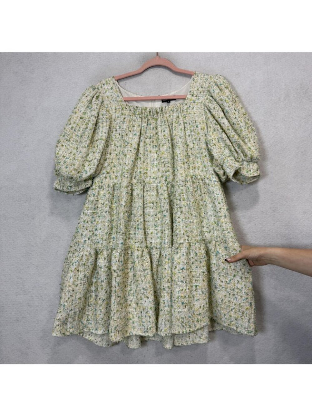 Sister Jane Dress Womens Large Green Tweed Puff Sleeve Trapeze Swing Mini - Picture 3 of 9